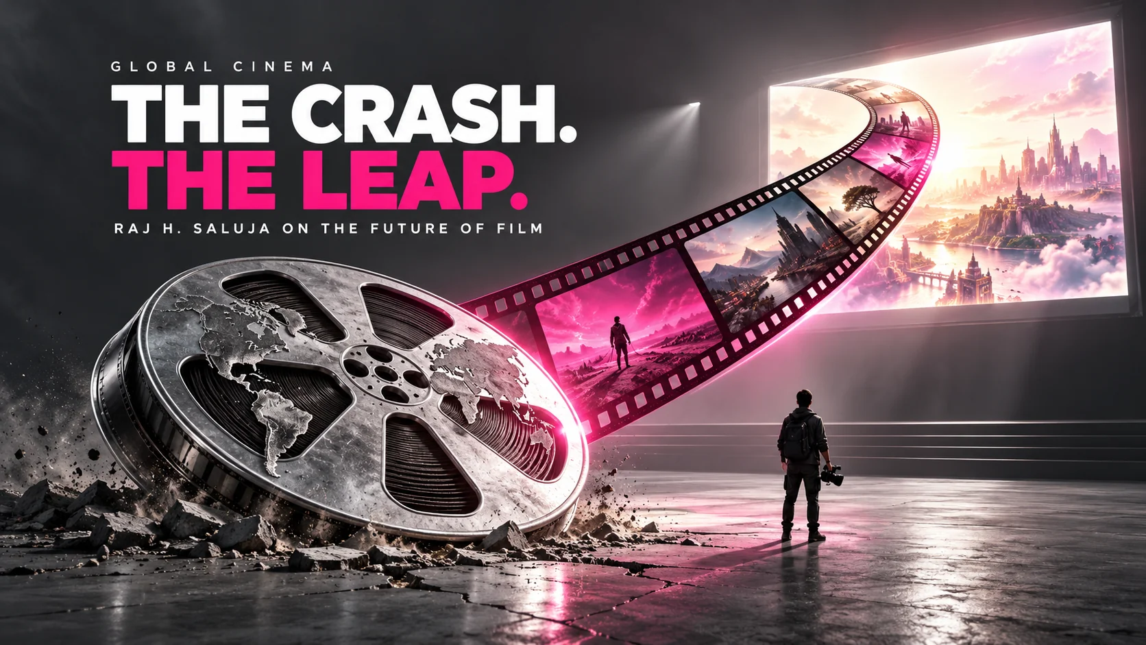 Global Cinema: The Crash. The Leap. A film reel and rising filmstrip symbolize cinema\'s transformation